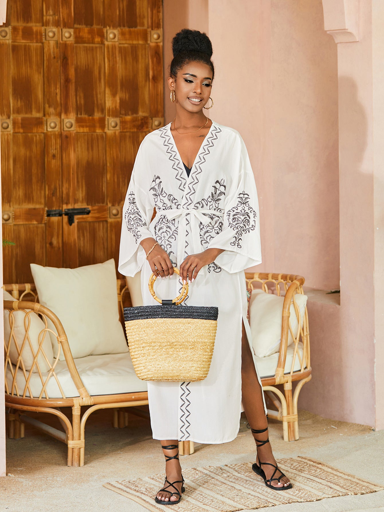 Black Vintage Golden Embroidered Long Kimono Cardigan Bikini Cover-ups Wrap Dress Beach Wear Swim Suit Cover Up Q1489-white