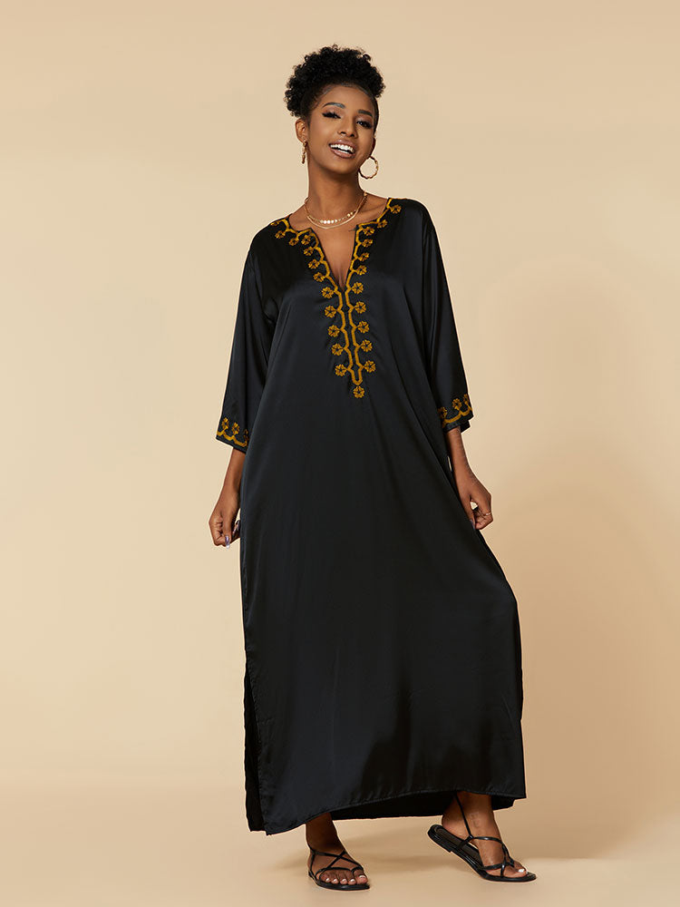 Vintage Embroidered Robe V Neck Kimono Bathing Suit Cover-ups Summer Clothing Long Dress Women Beachwear Swimsuit Cover Up Q1514