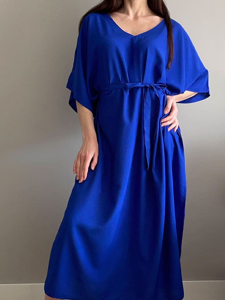 Solid Blue Plus Size Long Kaftan Casual V-neck Robe Summer Autumn Maxi Dress Woman Outfit Beachwear Swimsuit Cover Up Q1384-Blue