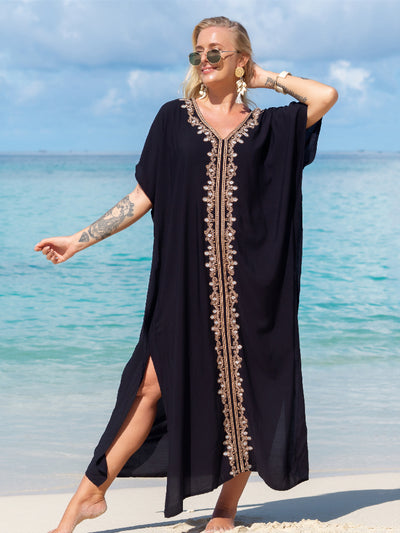 Elegant Gold Embroidered Kaftan Long Black Tunic Loose Maxi Dress Women Summer Clothing Beach Wear Swim Suit Cover Up Q1455