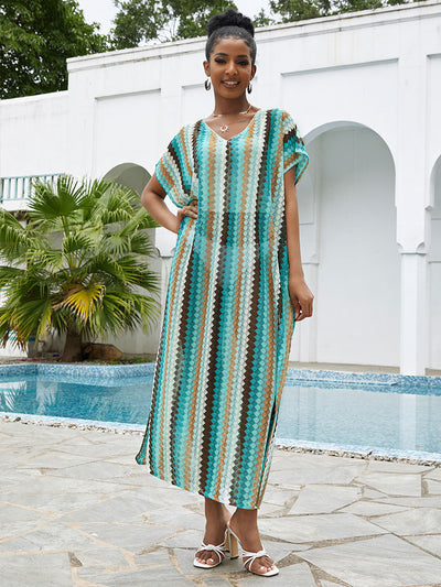 Sexy Print V-neck Half Sleeve Slit Maxi Dress Casual Beachwear Bikini Cover Up 2023 Summer Autumn Women Outfit Loose Robe Q1538
