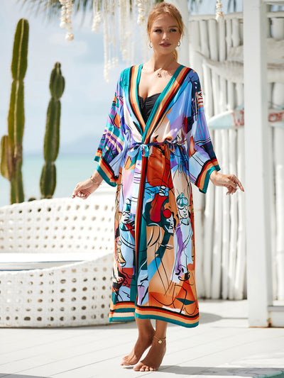 Bohemian Printed Long Kimono Dresses Plus Size Batwing Sleeve Dress Summer  Women Loose Beach Wear Midi Dress Sarong Q1512-1120-2