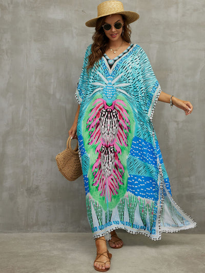 Bohemian Printed Loose Kaftan Casual Summer Vacation Maxi Dress Women Gorgeous Beach Wear Swim Suit Cover Up Q1464-1102-14
