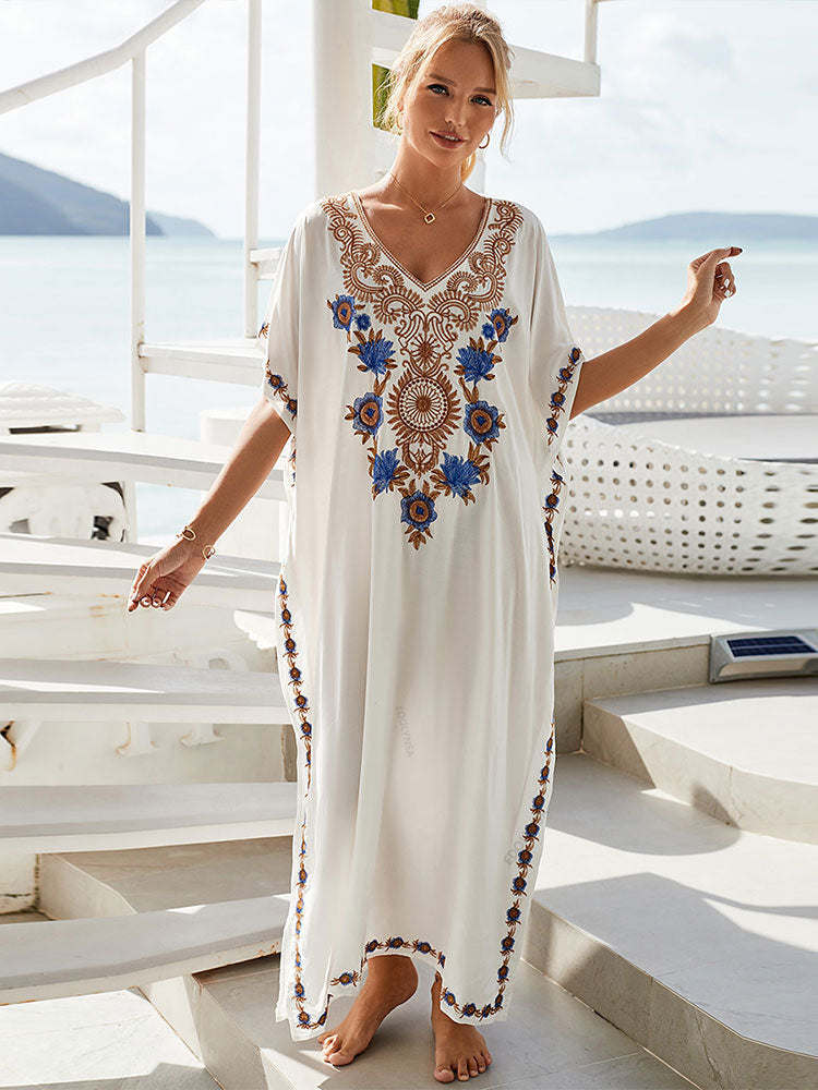 Vintage Embroidered Long Kaftan Casual V-neck Maxi Dress Summer Clothes Women Beach Wear Swim Suit Cover Up Q1490-white