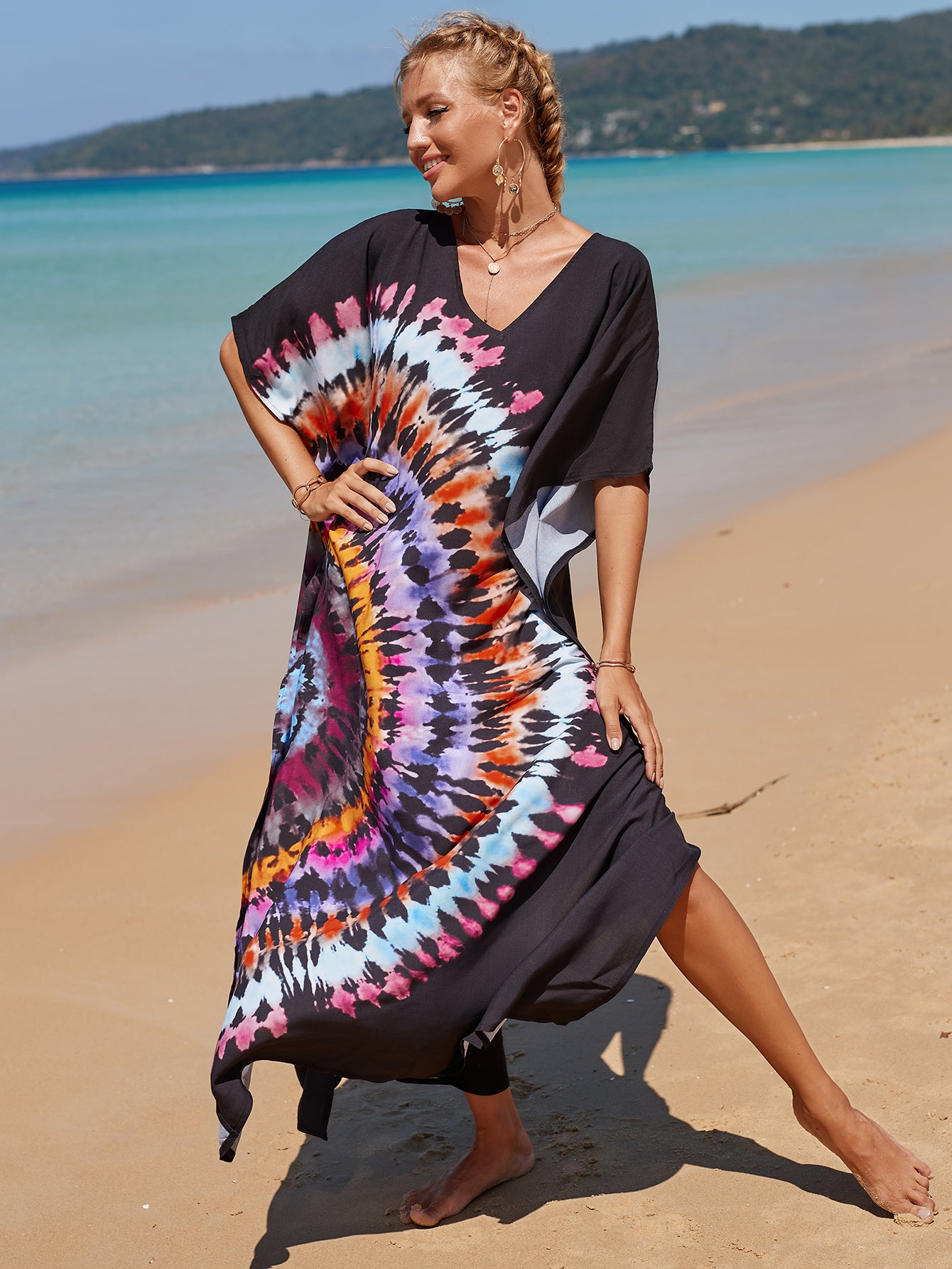 Bohemian Printed Red V-neck Batwing Sleeve Dress Summer For Women Casual Beachwear Kaftan Half Sleeve Maxi Dresses Q1342-11