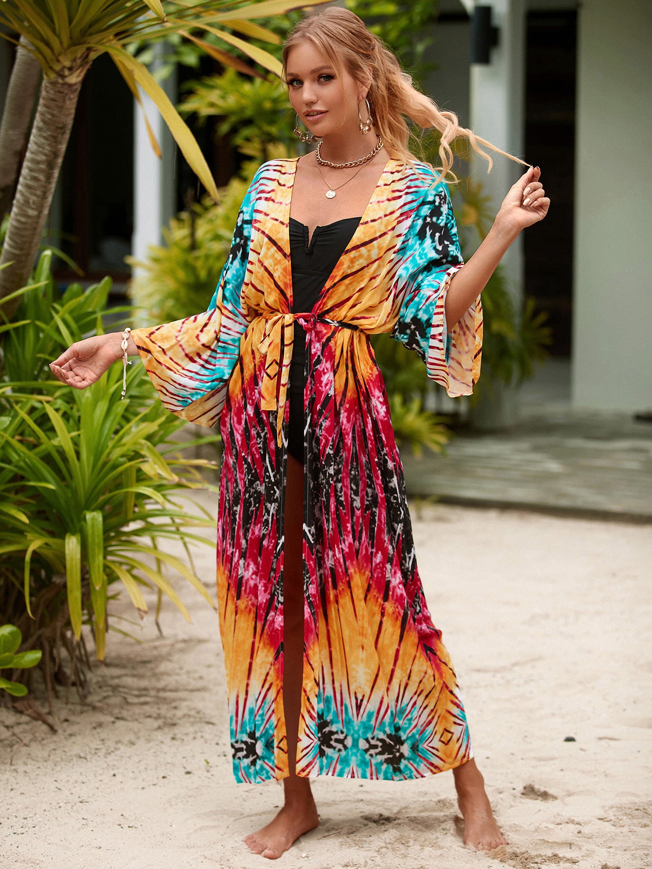 Bohemian Printed Long Kimono Dresses Plus Size Batwing Sleeve Dress Summer  Women Loose Beach Wear Midi Dress Sarong Q1512-1120-9