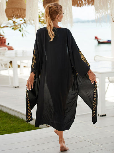 Vintage Golden Embroidered Long Kimono Cardigan Bikini Cover-ups Wrap Dress Beach Wear Swim Suit Cover Up Q1489-black