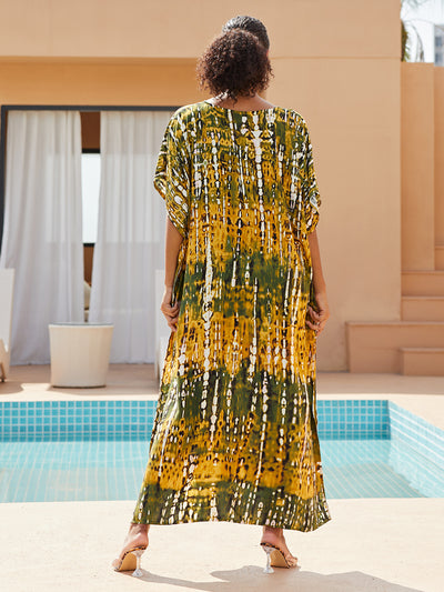 Casual Tie-dye Kaftan Robe Striped Printed V Neck Batwing Sleeve  Women Summer Maxi Dresses Beachwear Cover-ups Q1218-730-29
