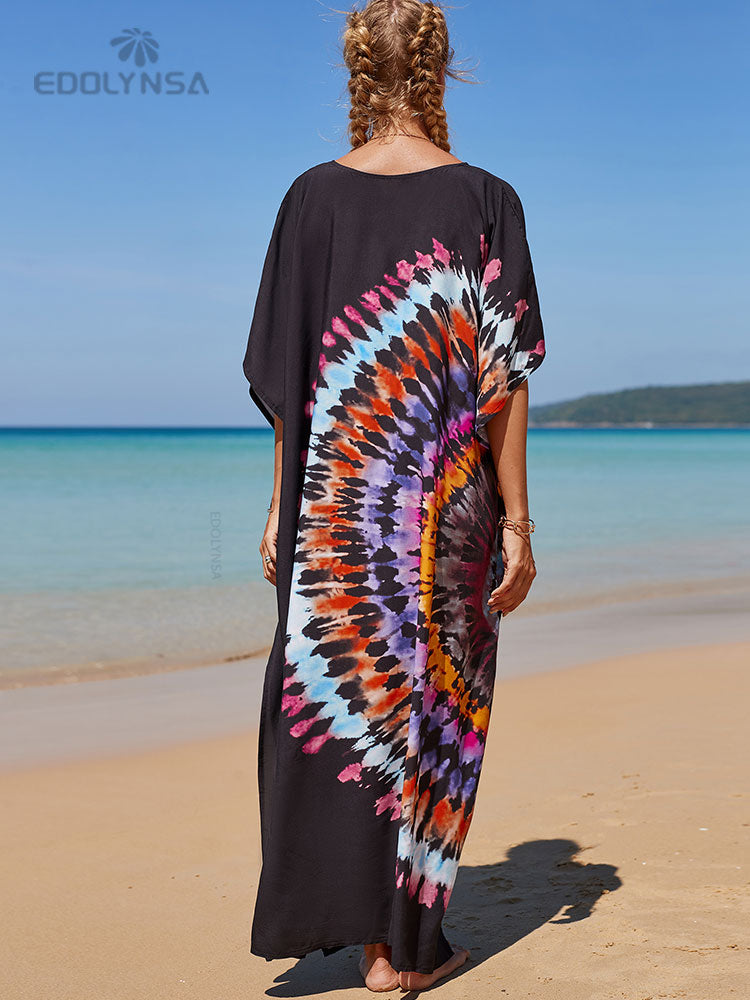 Bohemian Printed Red V-neck Batwing Sleeve Dress Summer For Women Casual Beachwear Kaftan Half Sleeve Maxi Dresses Q1342-11