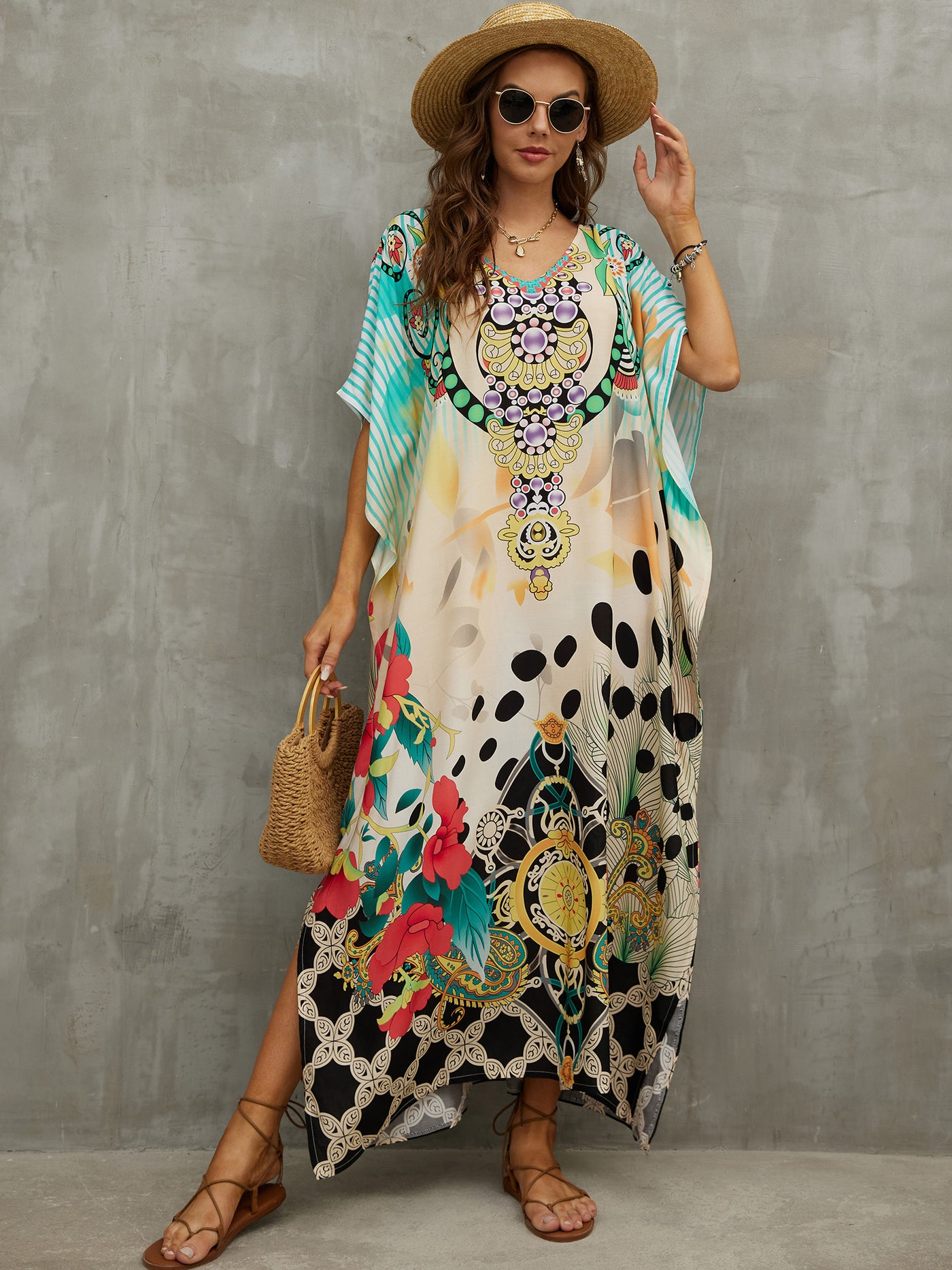 Flora Printed Loose Kaftan Casual Summer Vacation Wear Tunic Women Clothes Beach Wear Swim Suit Cover Up Q1464-1102-19