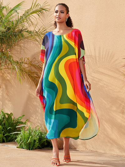 Bohemian Rainbow Print Swimsuit Cover Up Bat Sleeve Kaftan Elegant Side Slit Beach Dress Turkish Robe Beachwear Cover-ups Q1563-23052-2