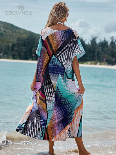 Quick-drying Bikini Cover-ups Bohemian Print V-neck Summer Dress Beach Tunic Women Beachwear Kaftan Swimsuit Cover Up Q1161
