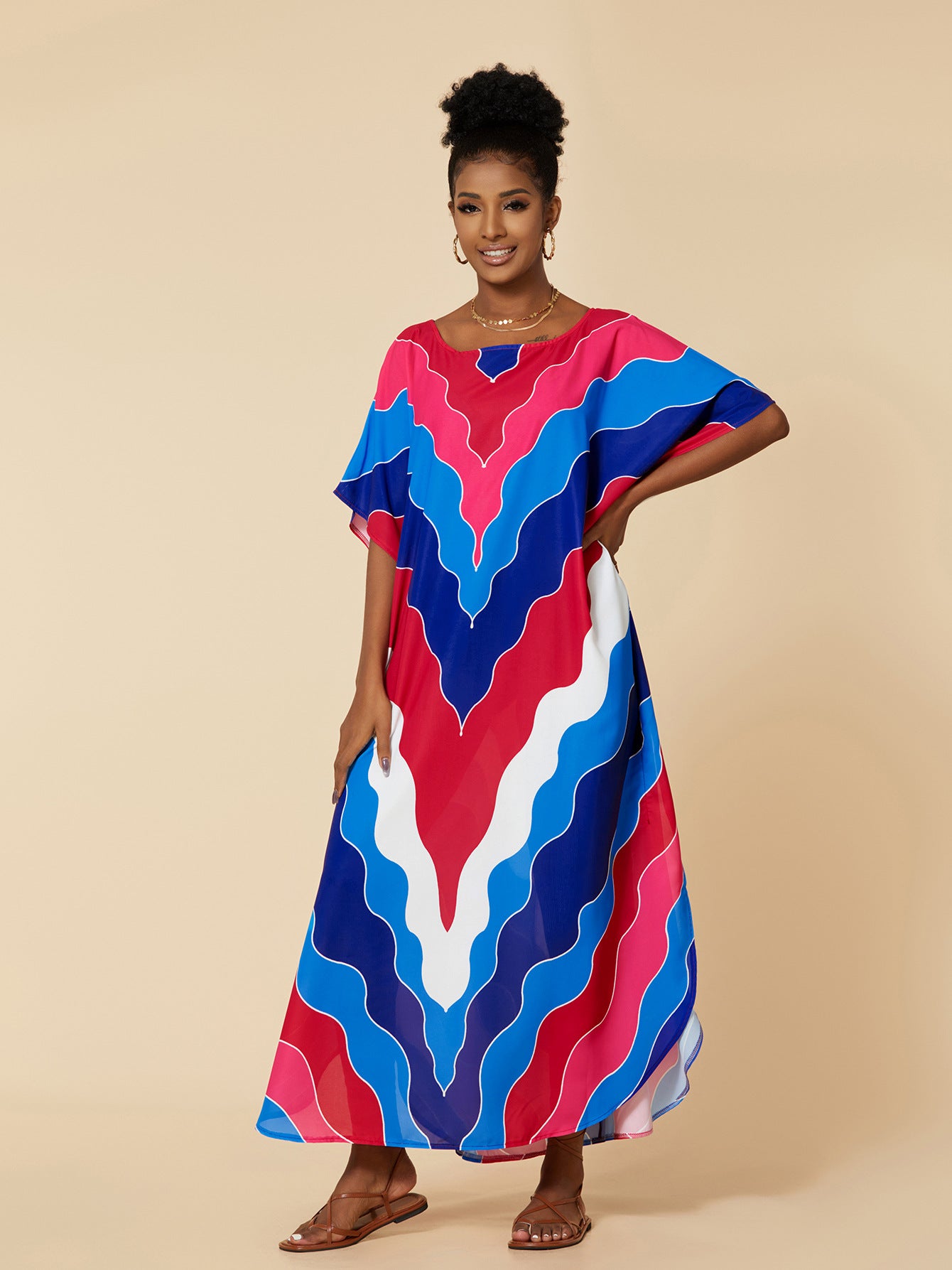 Printed Batwing Sleeve Plus Size Kaftan Street Wear Maxi 2023 Rainbow Bohemian Dress Women Beach Wear Swim Suit Cover Up Q1435-22027-8