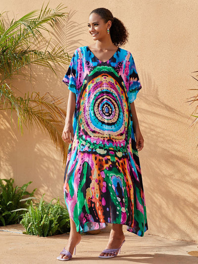 Bohemian Printed Comfy V Neck Loose Beach Dress African Summer Women Beachwear Batwing Sleeve Bathing Suit Cover Up Q1577-1127-2