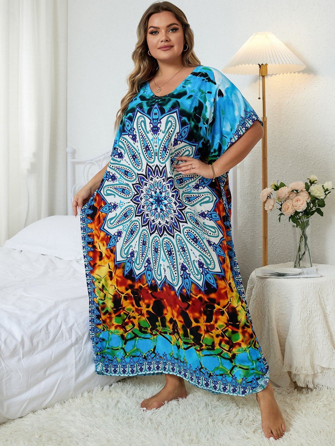 Plus Size Bohemian Printed V-neck Loose Kaftan Casual Autumn Vacation Maxi Dress Women Clothes Beachwear Swimsuit Cover Up Q1464-1102-6