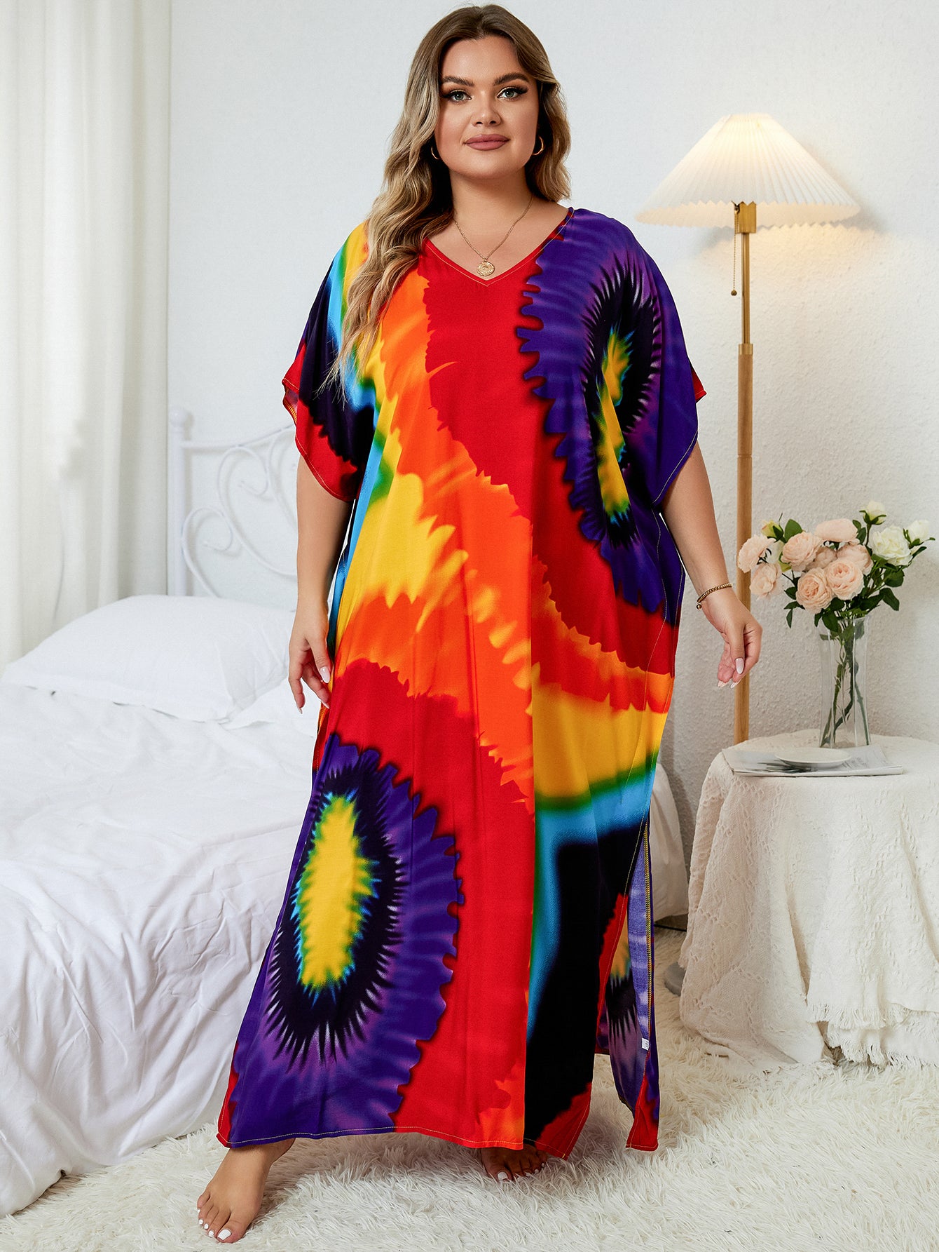 Plus Size Bohemian Printed Red V-neck Batwing Sleeve Dress For Women Casual Beachwear Kaftan Half Sleeve Maxi Dresses Q1342-791-7