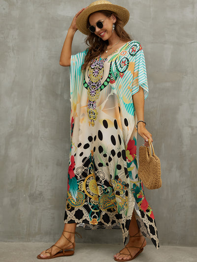 Flora Printed Loose Kaftan Casual Summer Vacation Wear Tunic Women Clothes Beach Wear Swim Suit Cover Up Q1464-1102-19