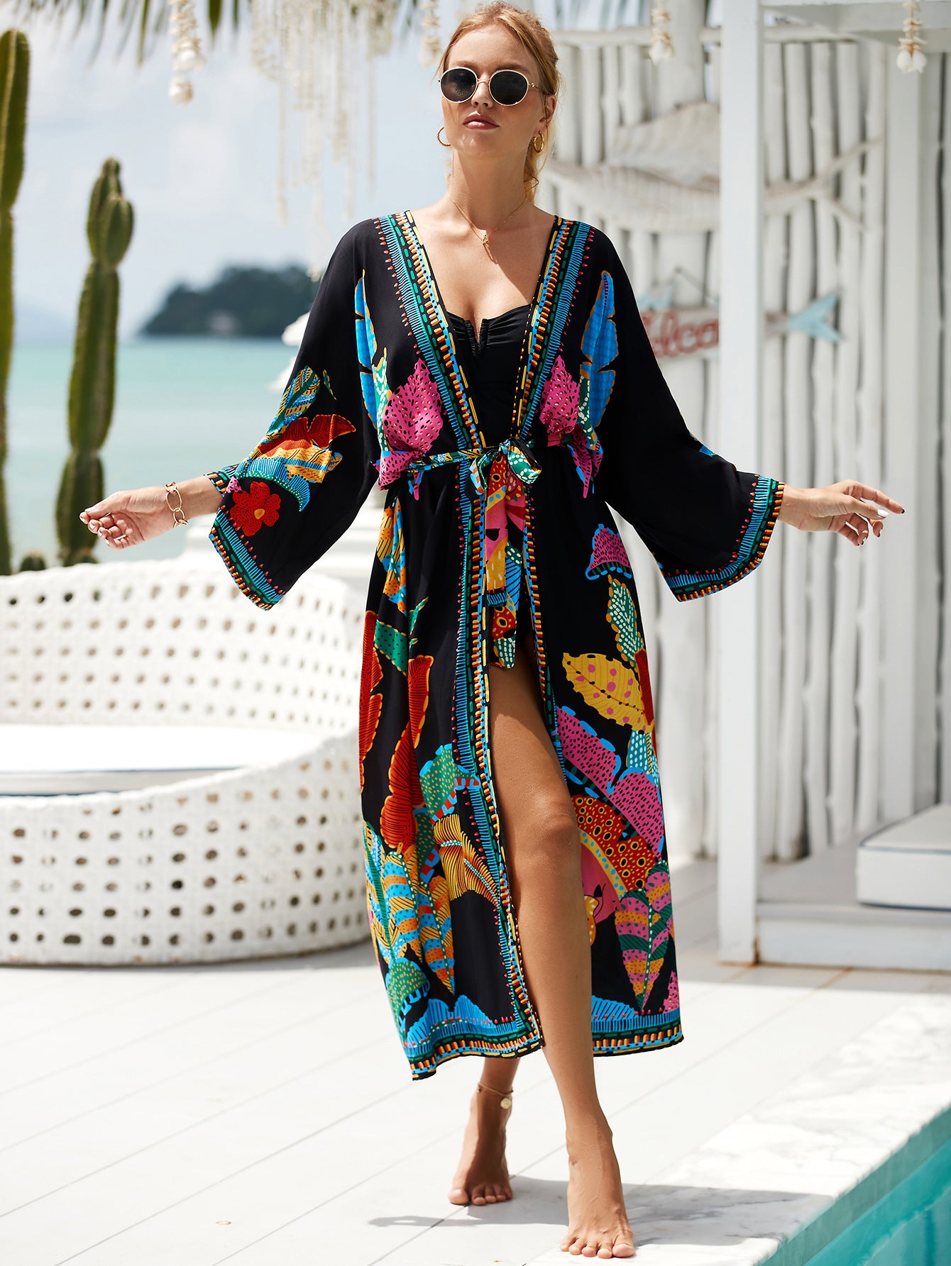 Bohemian Printed Long Kimono Dresses Plus Size Batwing Sleeve Dress Summer 2023 Women Loose Beach Wear Midi Dress Sarong Q1512-1120-4