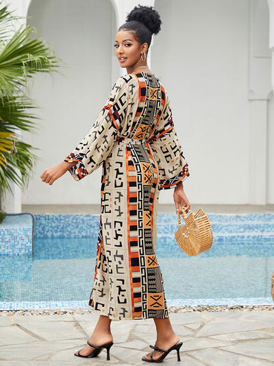 Bohemian Printed Elegant Self Belted Kimono Dress Tunic Women Clothing Plus Size Beach Wear Swim Suit Cover Up Q1228-4