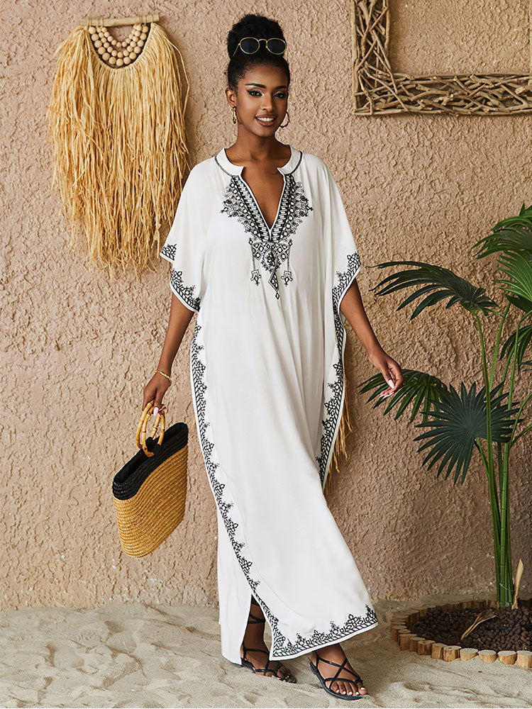 Bohemian V Neck Bikini Cover-ups Long Tunic Sexy Kaftan Dress Women Plus Size Beach Wear Swim Suit Cover Up Q1545-White