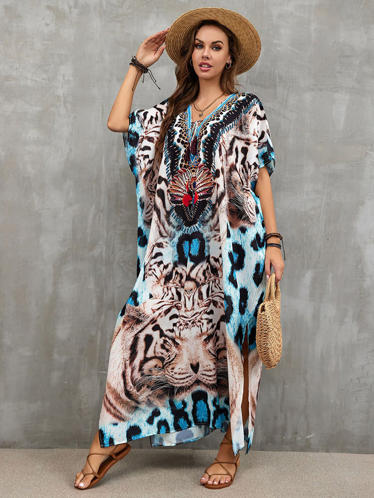 Indie Folk Plus Size Kaftan Casual V-neck Half Sleeve Summer Maxi Dress Woman Clothing Beach Wear Swim Suit Cover Up Q1383-13