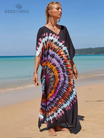 Bohemian Printed Red V-neck Batwing Sleeve Dress Summer For Women Casual Beachwear Kaftan Half Sleeve Maxi Dresses Q1342-11