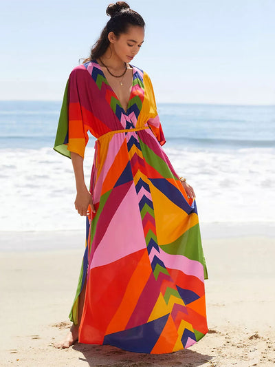 Bohemian Print Half Sleeve High Waist Self Belted Maxi Dress Tunic Women Summer Clothes Beach Wear Swim Suit Cover Up Q1461