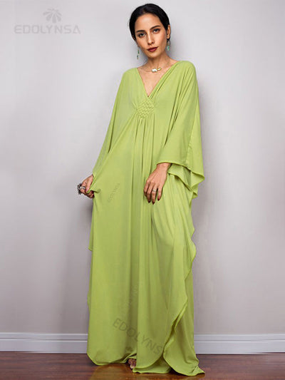 Solid V-neck Batwing Sleeve Plus Size Kaftan Loose Maxi Dresses Women Summer Beachwear Bathing Robe Soft House Dress Q1306-8702-6