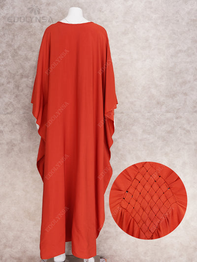 Solid V-neck Batwing Sleeve Plus Size Kaftan Loose Maxi Dresses Women Summer Beachwear Bathing Robe Soft House Dress Q1306-8702-11