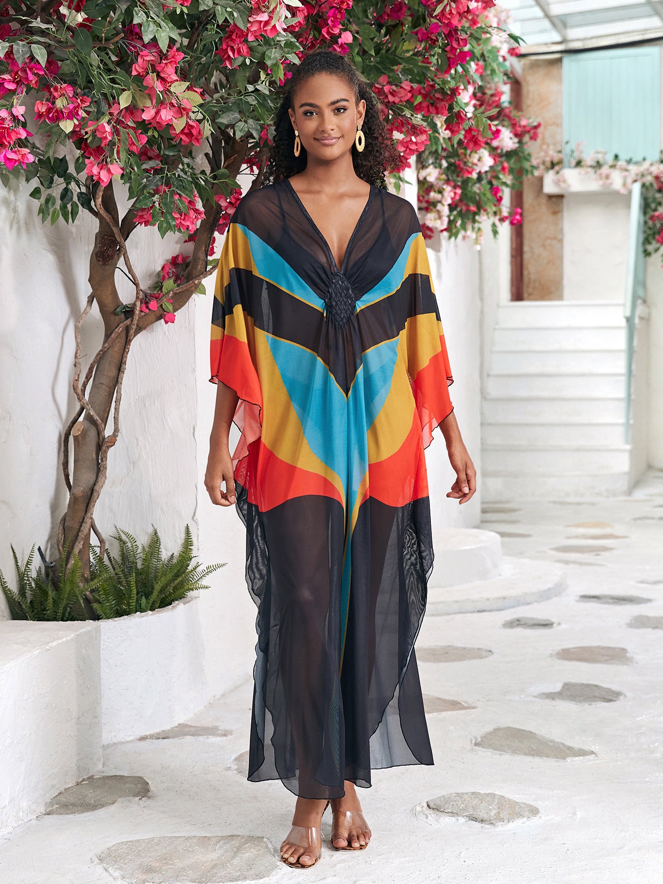 Plus Graphic Print Batwing Sleeve Split Thigh Cover Up Dress Q1559-8749-10