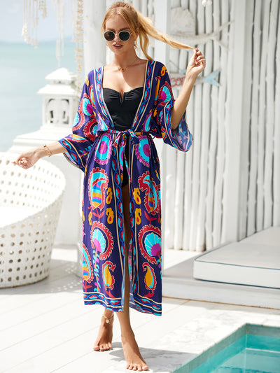 Bohemian Printed Long Kimono Dresses Plus Size Batwing Sleeve Dress Summer  Women Loose Beach Wear Midi Dress Sarong Q1512-1120-1