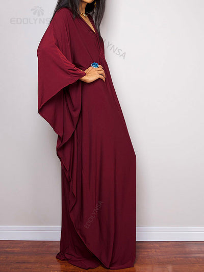 Solid V-neck Batwing Sleeve Plus Size Kaftan Loose Maxi Dresses Women Summer Beachwear Bathing Robe Soft House Dress Q1306-8702-3