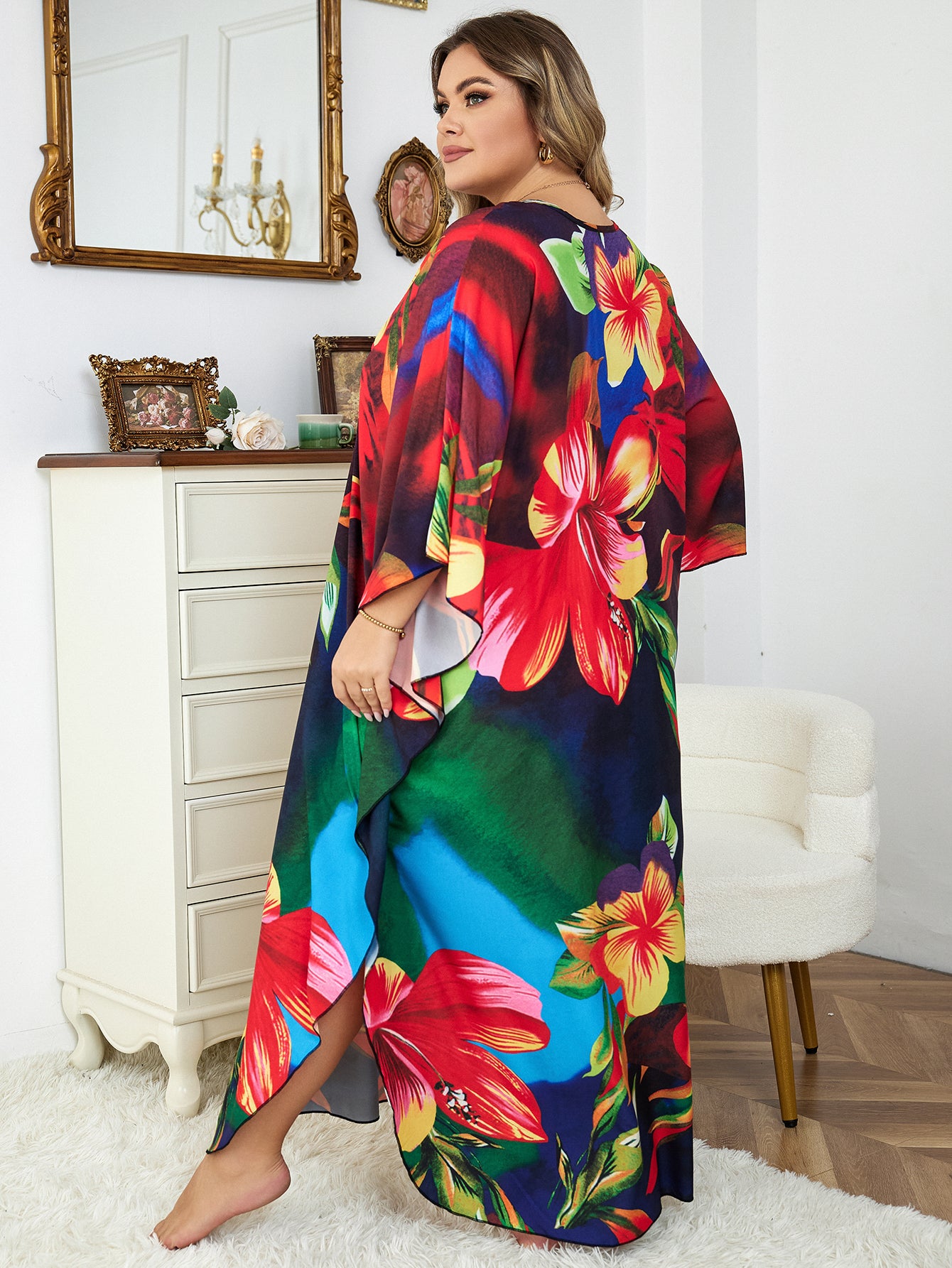 Print Maxi Dress Batwing Sleeve Tunic Spring Autumn Beach Dress Casual Plus Size Women Beachwear Kaftan Cover-ups Q1289-8693-17