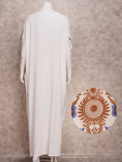 Vintage Embroidered Long Kaftan Casual V-neck Maxi Dress Summer Clothes Women Beach Wear Swim Suit Cover Up Q1490-white