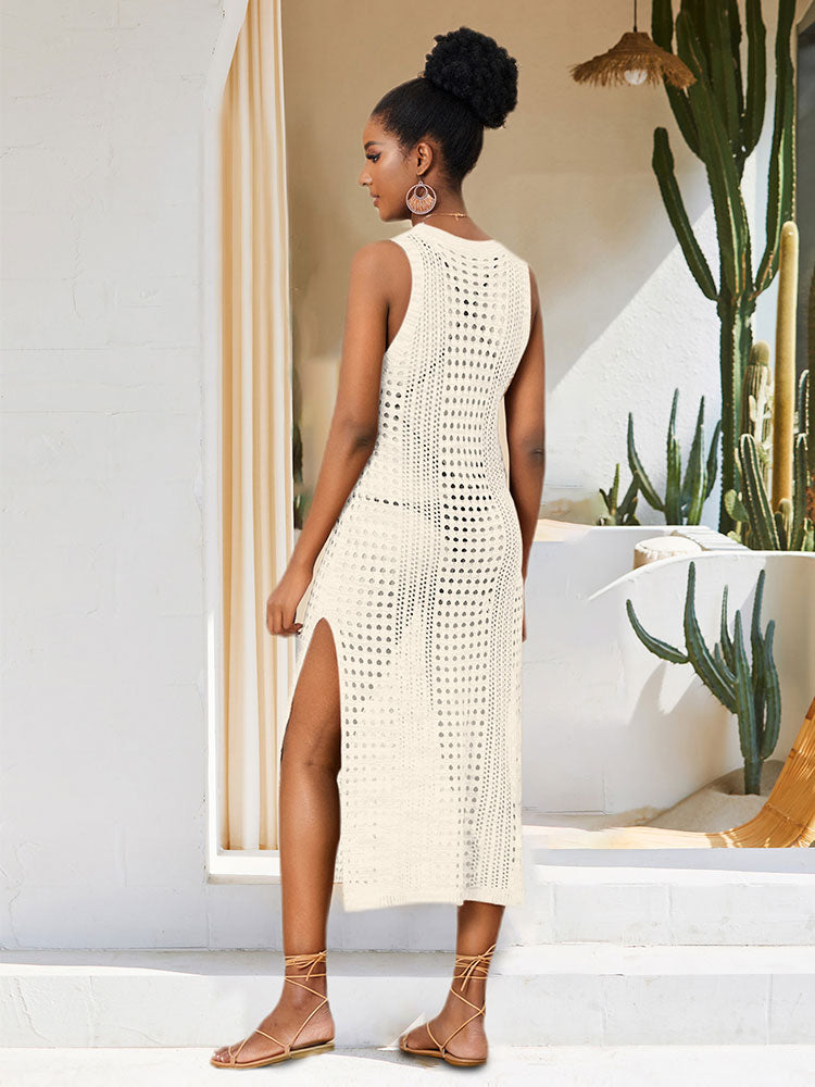 Crochet Mesh Sleeveless Slit Wrap Beach Dress 2023 Summer Woman Sexy Hollow Out Knitted Beachwear Swimsuit Cover-ups Q1513-white