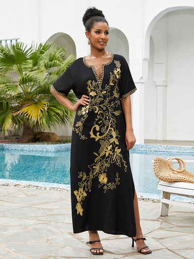 Black Plus Size Kaftan Dress Women V Neck Slit Embroidery Beachwear Cover-ups Short Sleeve Casual Resort Wear African Robe Q1544