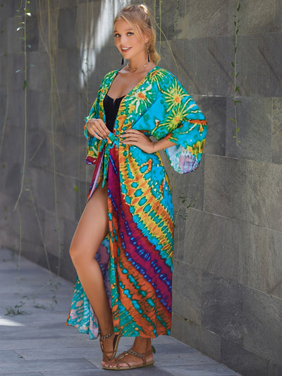 Casual Printed Long Sleeve Belt Kimono Beach Maxi Dress Women Bath Tunic Beachwear Swimsuit Cover-ups saida de praia Q1451-1085-14
