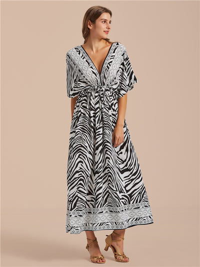 Sexy Zebra Stripe Print Bikini Cover-ups Tunic V-neck Backless Beach Dress Women Summer Autumn Beachwear Swimsuit Cover Up Q1498-8731