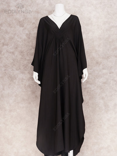 Solid V-neck Batwing Sleeve Plus Size Kaftan Loose Maxi Dresses Women Summer Beachwear Bathing Robe Soft House Dress Q1306-8702-2