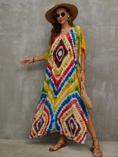 Bohemian Colorful Printed Loose Kaftans Casual Robe Summer Vacation Dress Women Comfy Beachwear Swimsuit Cover Up Q1464-1102-15