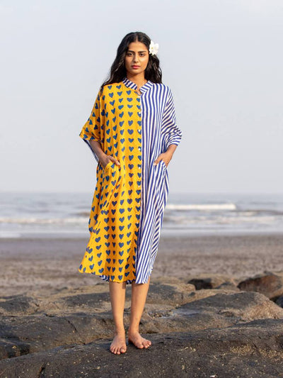 Chic Splicing Print Loose Batwing Sleeves Dress Bathing Suit Cover Up Summer Autumn Women Button Beachwear Cover-ups Q1452-8721