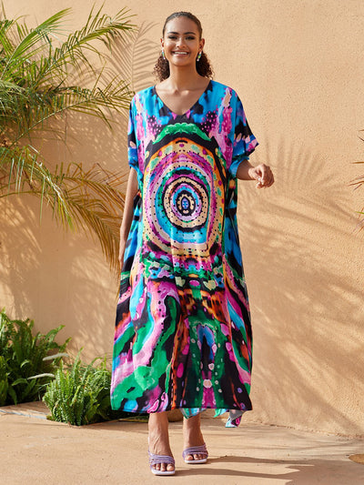 Bohemian Printed Comfy V Neck Loose Beach Dress African Summer Women Beachwear Batwing Sleeve Bathing Suit Cover Up Q1577-1127-2