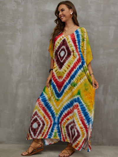 Bohemian Colorful Printed Loose Kaftans Casual Robe Summer Vacation Dress Women Comfy Beachwear Swimsuit Cover Up Q1464-1102-15