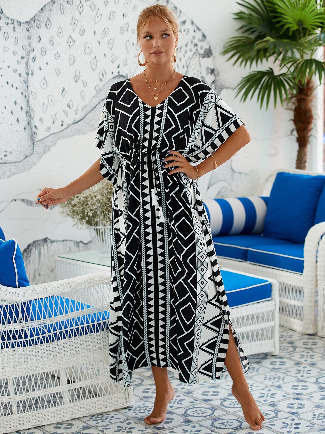 Loose Kaftan Beach Cover Up Saida de Praia Swimsuit Women Bikini Cover-ups Tunic Pareo Sarong Beachwear Q1193-8648-8