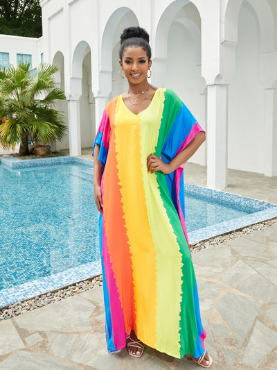 Boho Colourful Print Kaftan Casual V Neck Half Sleeve Summer Side Split Loose Dress 2023 Woman Beachwear Swimsuit Cover Up Q1546-1126-1