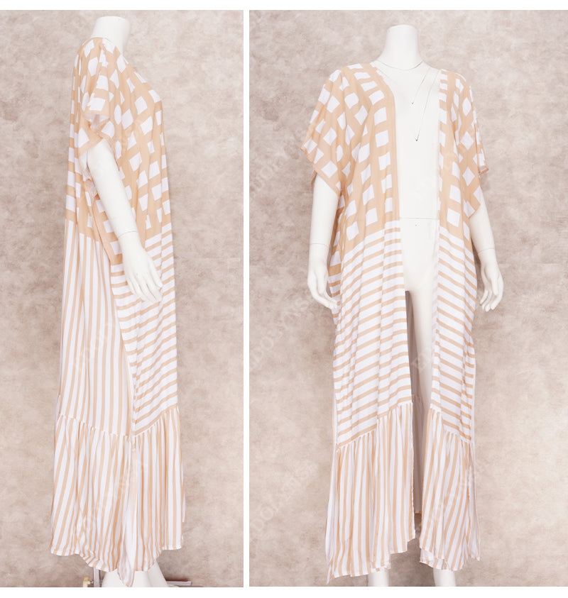 Bohemian Striped Half Sleeve Flowy Kimono Dress Plus Size Women Clothing Beach Wear Swim Suit Cover-ups 2023 Loose Outfit Q1347-960-4