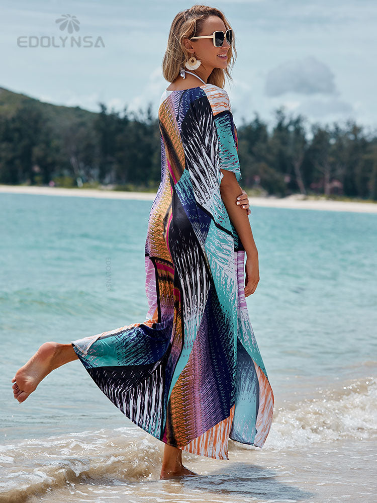 Quick-drying Bikini Cover-ups Bohemian Print V-neck Summer Dress Beach Tunic Women Beachwear Kaftan Swimsuit Cover Up Q1161