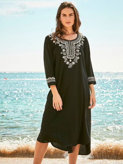 Retro Embroidery Round Neck Loose Caftan Plus Size Beach Dress Summer Autumn Outfit Women Beachwear Swimsuit Cover Up Q1392-22004