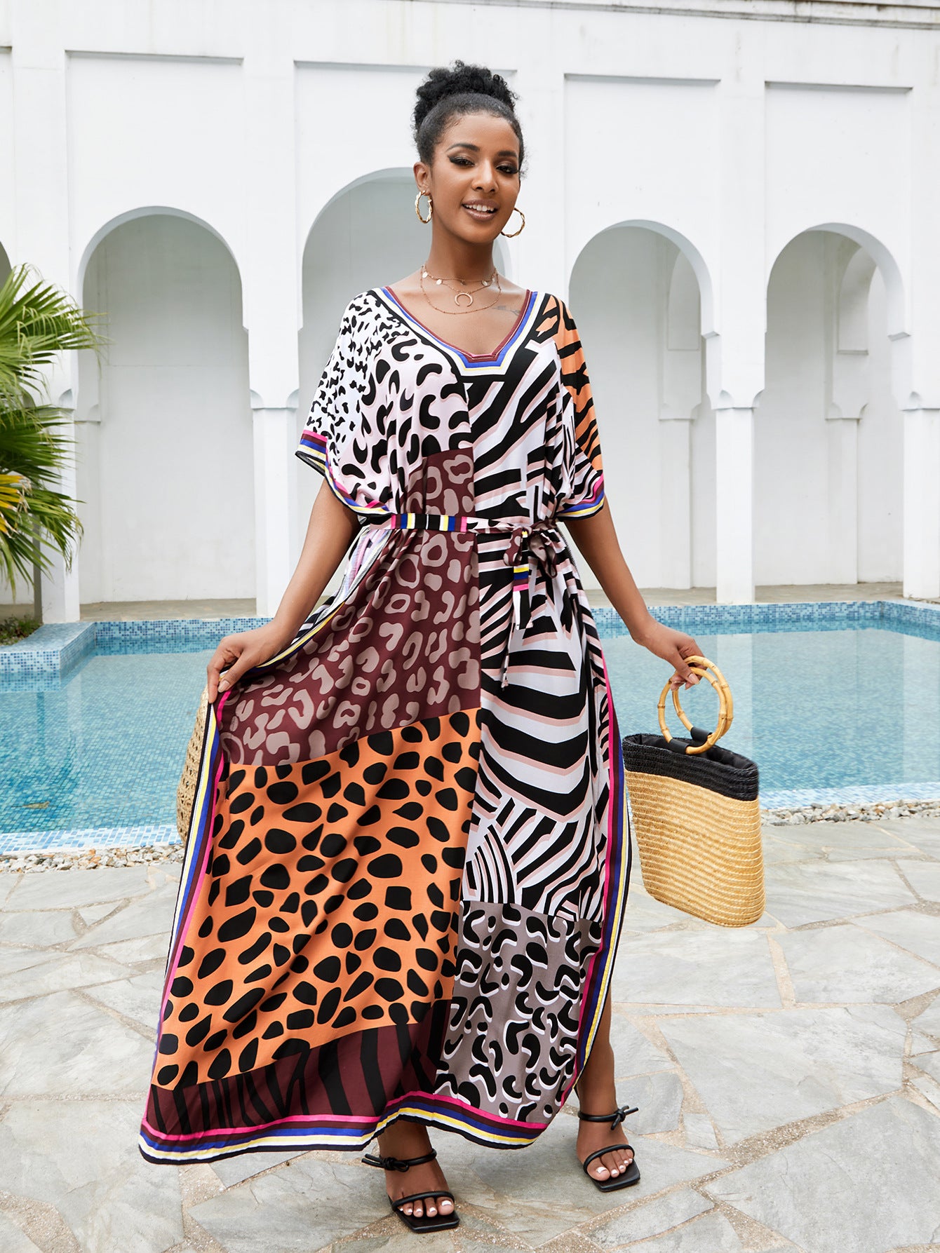 Grey Leopard Kaftan Elegant V-neck Half Sleeve Side Split Summer Dress Plus Size Women Beach Wear Swim Suit Cover Up Q1323-805
