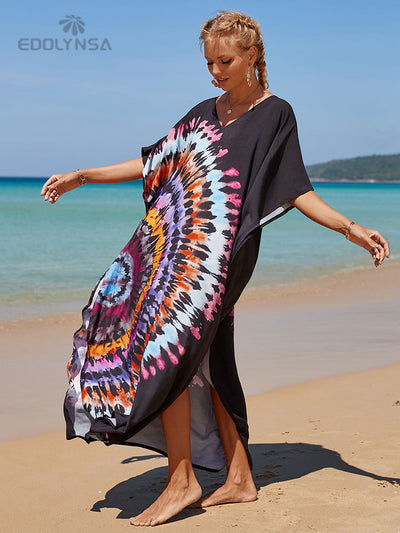 Bohemian Printed Red V-neck Batwing Sleeve Dress Summer For Women Casual Beachwear Kaftan Half Sleeve Maxi Dresses Q1342-11